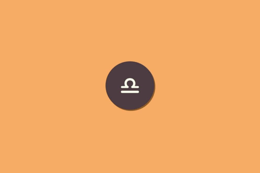 Ilustração do signo de libra na cor branca, dentro de um círculo marrom, centralizado sobre um fundo laranja