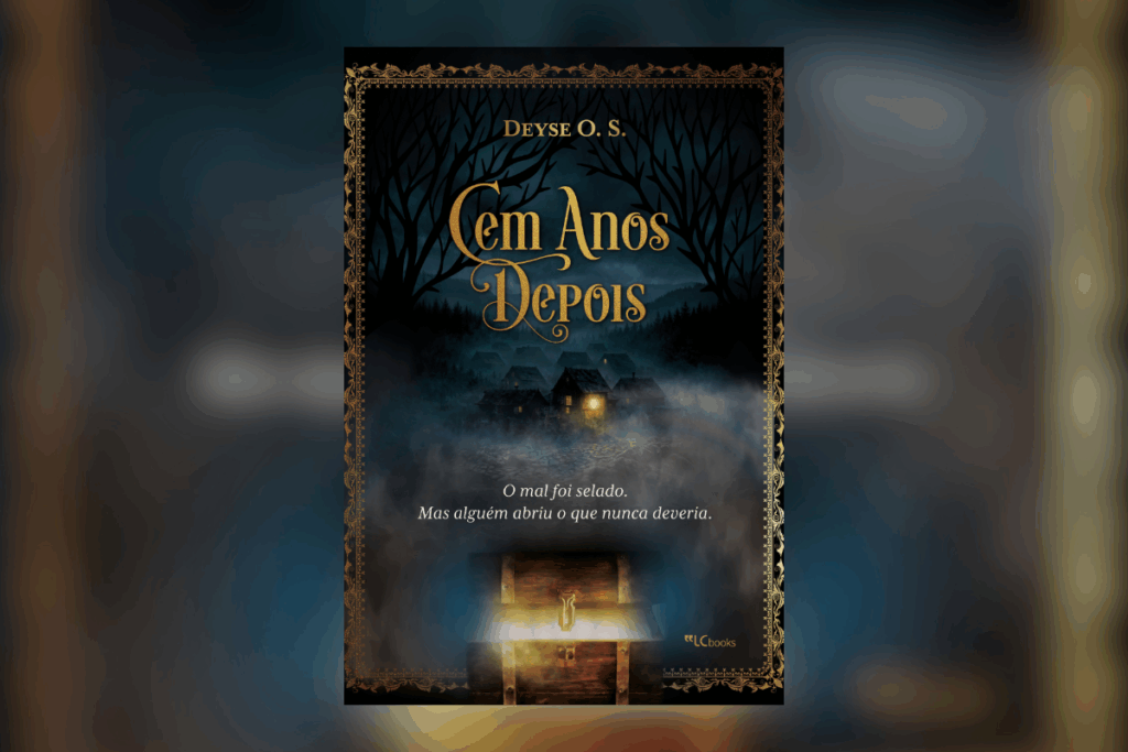 Capa de livro com título e nome do autor escrito em amarelo e branco e com imagem de um baú sendo aberto com uma luz dentro dele com uma cidade ao fundo e fumaça