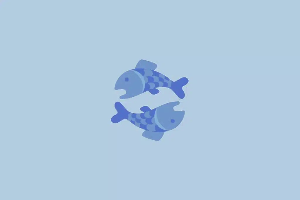 Ilustração do signo Peixes, com dois peixes em azul nadando em sentidos opostos, sobre fundo azul-claro