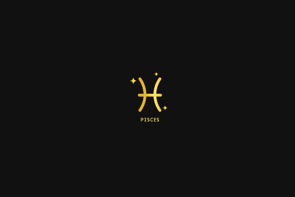 Ilustração do signo de peixes em dourado, sobre um fundo preto, com estrelas ao redor