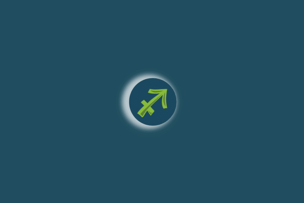 Ilustração do símbolo do signo de sagitário com luz branca ao redor. Fundo verde-escuro