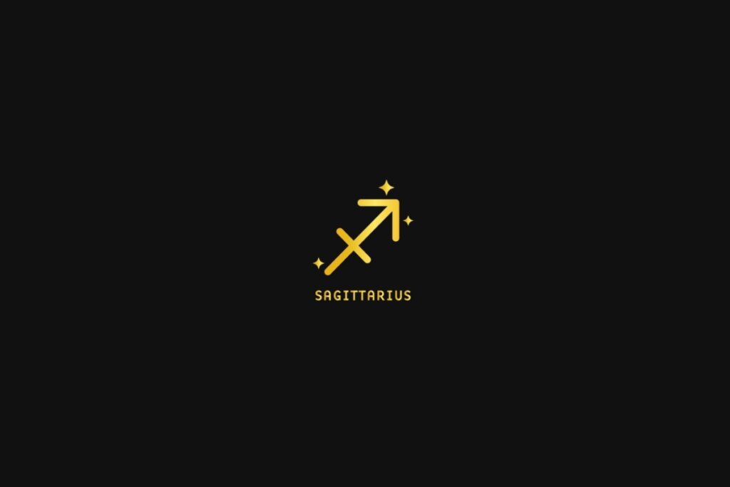 Ilustração do signo de sagitário em dourado, sobre um fundo preto, com estrelas ao redor