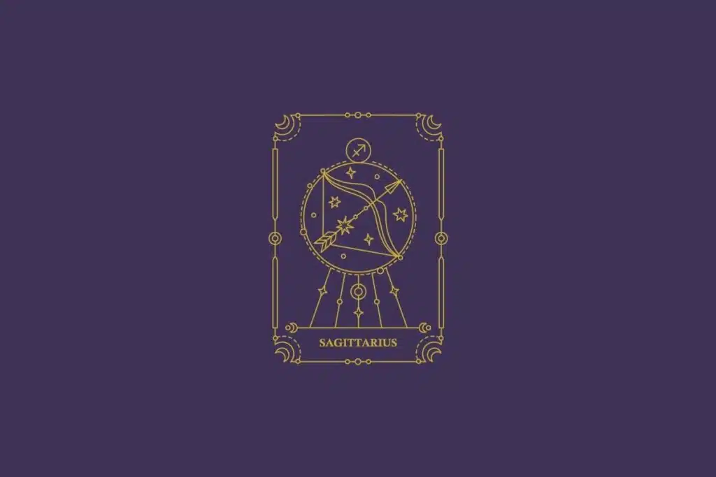 Ilustração do signo de sagitário em dourado com detalhes na mesma cor ao redor. Fundo roxo-escuro