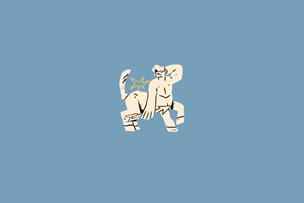 Ilustração de um centauro em amarelo-claro sobre um fundo azul-claro