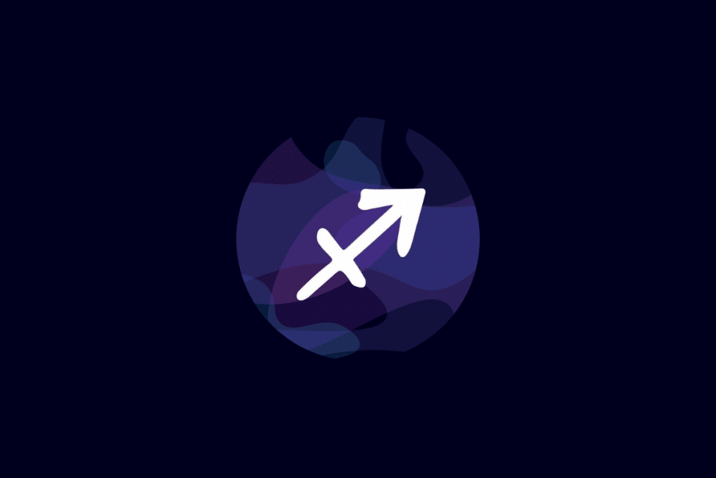 Ilustração do símbolo do signo de sagitário em branco, centralizado sobre um círculo com tons de azul e roxo, em fundo azul-escuro.
