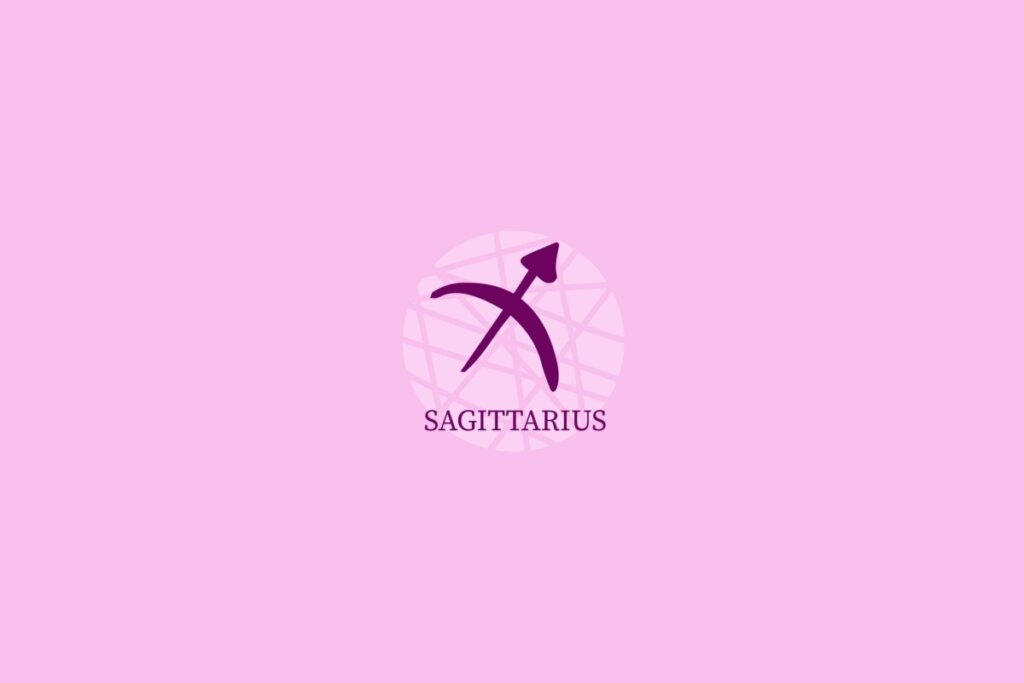 Ilustração de círculo lilás-claro com desenho e nome do signo de sagitário sobre fundo lilás