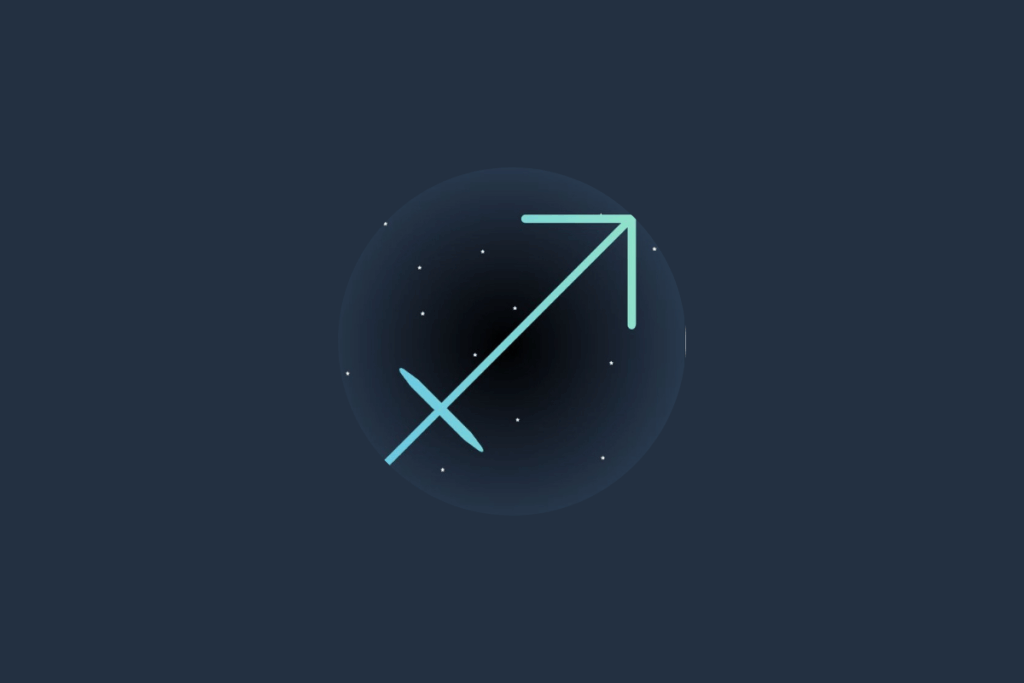 Ilustração do signo de sagitário, em verde-claro e cercado por estrelas, centralizado em fundo verde-escuro