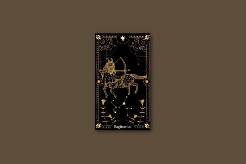 Ilustração de uma carta preta, com o desenho do signo e da constelação de sagitário, com borda dourada e estrelas