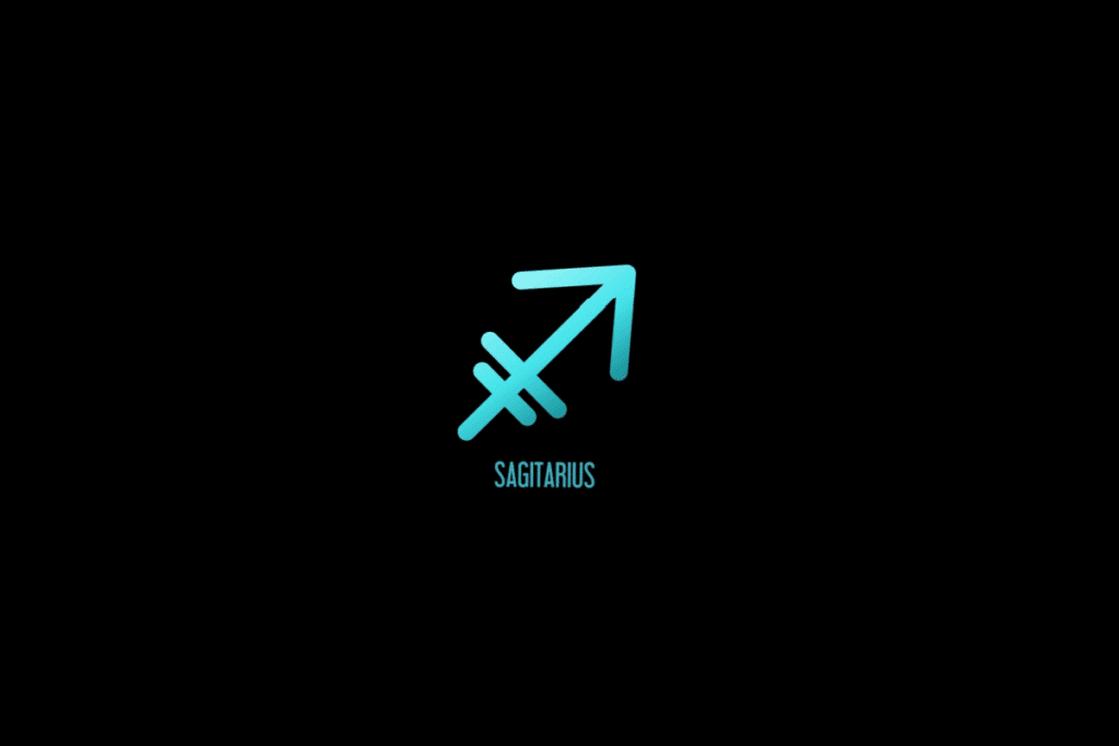 Ilustração do signo de sagitário em azul, com o nome do signo abaixo, centralizado em fundo preto