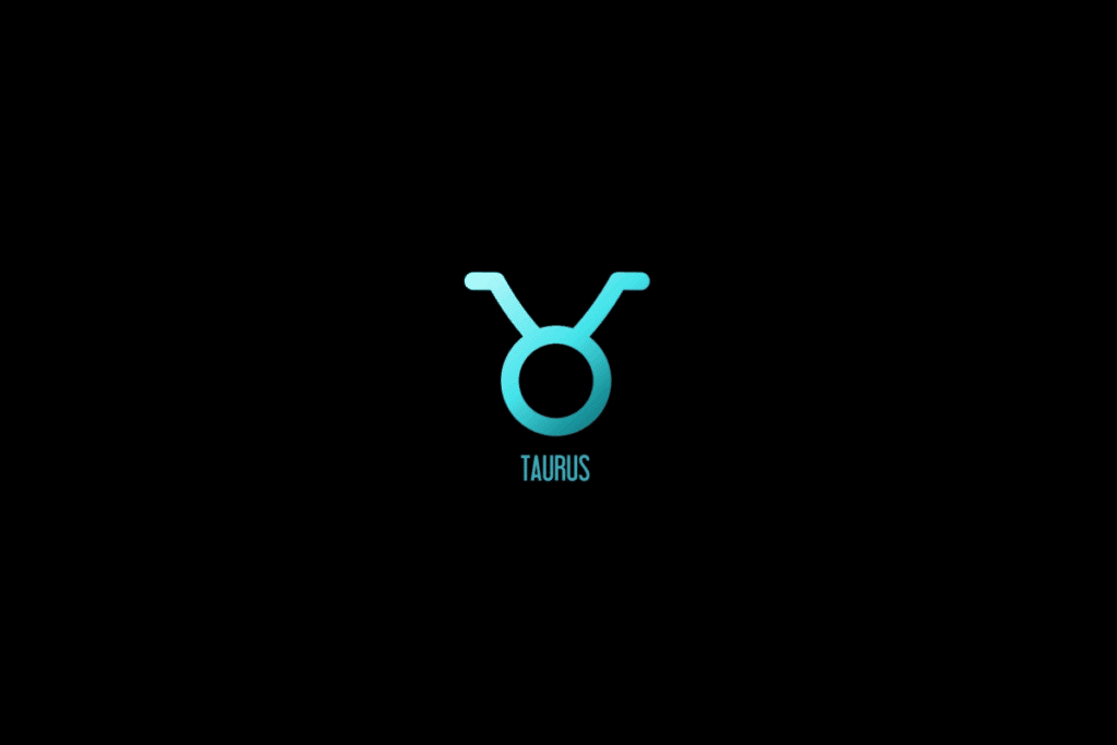 Ilustração do signo de touro em azul, com o nome do signo abaixo, centralizado em fundo preto