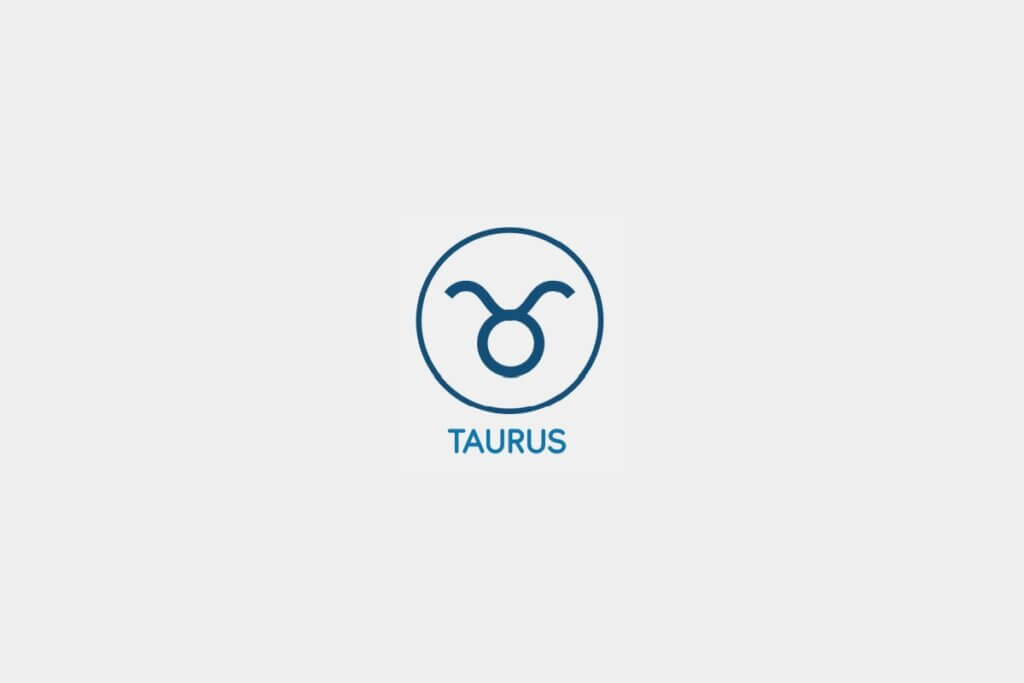 Círculo azul com o símbolo do signo de Touro ao centro e o nome do signo abaixo, sobre um fundo cinza-claro
