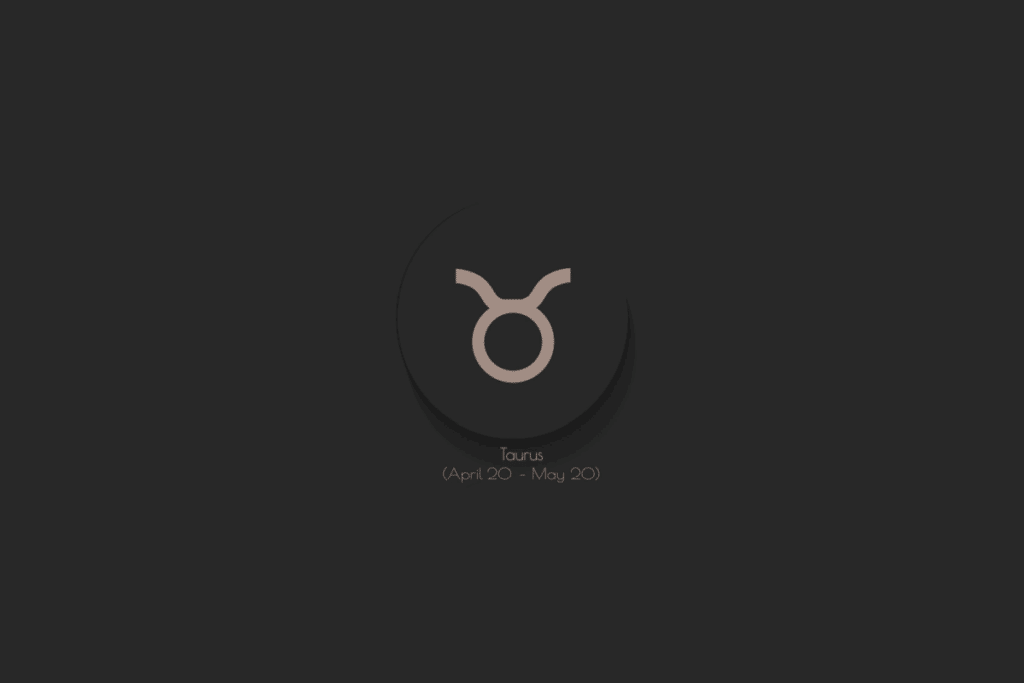 Ilustração do símbolo do signo de Touro na cor bege, centralizado em um fundo preto, com sombra ao fundo e o nome e a data do signo abaixo