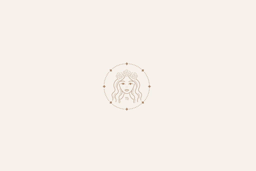 Ilustração do rosto de uma mulher dentro de um círculo de estrelas, centralizado sobre um fundo bege-claro, representando o signo de Virgem