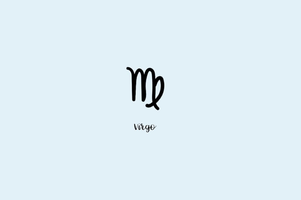Ilustração do símbolo do signo de virgem, com o nome embaixo, em um fundo azul-claro
