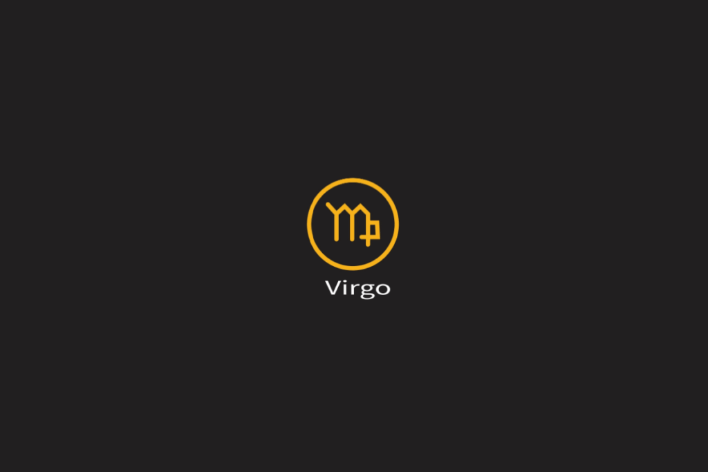 Ilustração do signo de virgem em amarelo, dentro de um círculo da mesma cor, centralizado em fundo preto