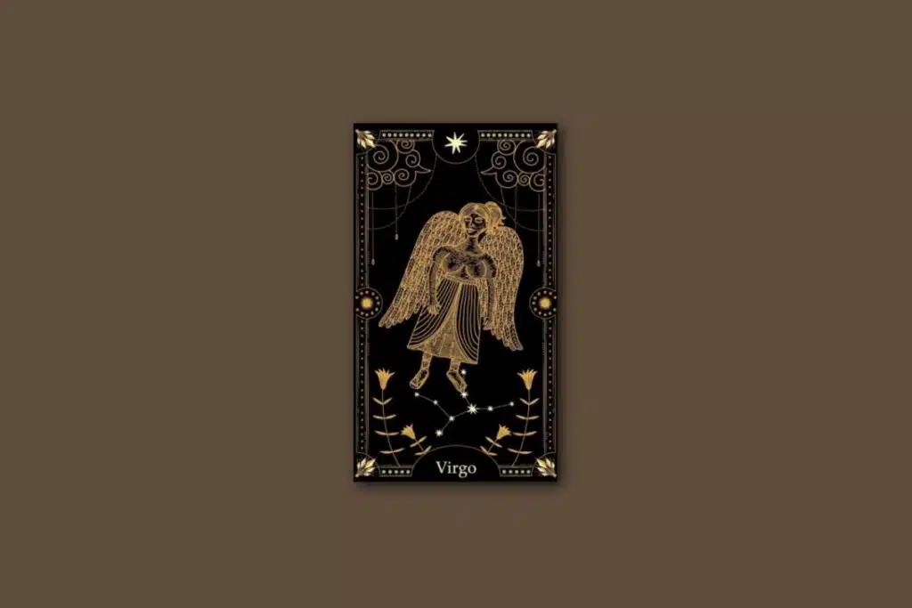 Ilustração de uma carta preta, com o desenho do signo e da constelação de virgem, com borda dourada e estrelas