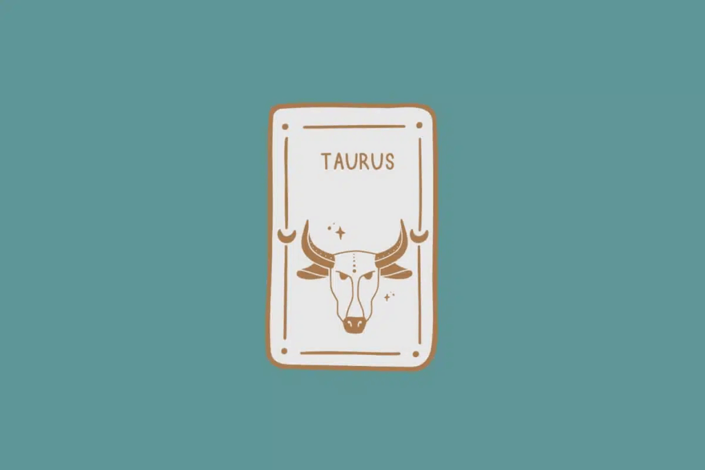 Ilustração do signo de Touro, em fundo verde-azulado, contendo a cabeça de um touro marrom com chifres curvados para cima 