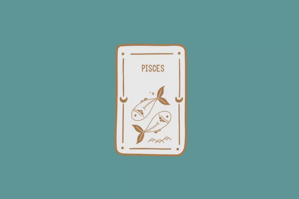 Ilustração do signo de Peixes, em fundo verde-azulado, contendo dois peixes marrons nadando em sentidos opostos