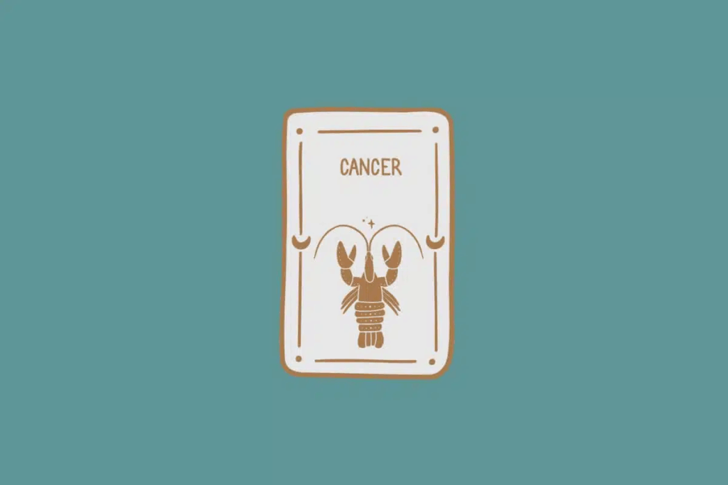 Ilustração do signo de Câncer, em fundo verde-azulado, contendo um caranguejo com garras levantadas 