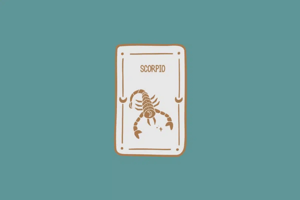 Ilustração do signo de Escorpião, em fundo verde-azulado, contendo um escorpião com cauda curva, pinças abertas e corpo segmentado