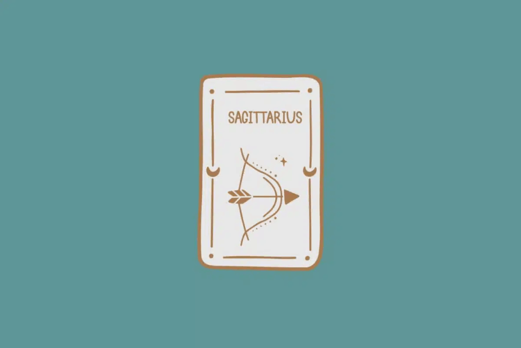 Ilustração do signo de Sagitário, em fundo verde-azulado, contendo um arco com uma flecha posicionada no centro 