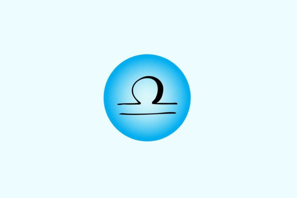 Ilustração do signo de Libra contendo o símbolo com um arco sobre uma linha horizontal reta, em fundo azul-claro