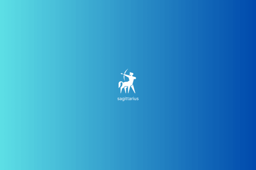 Símbolo do signo de Sagitário em branco em fundo em tons de azul