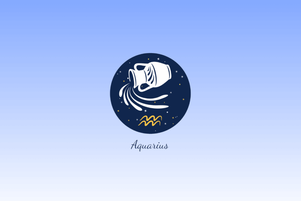 Ilustração do signo de Aquário com um vaso branco derramando água dentro de um círculo azul-escuro estrelado, acompanhado pelo símbolo em amarelo e o nome "Aquarius" escrito abaixo.