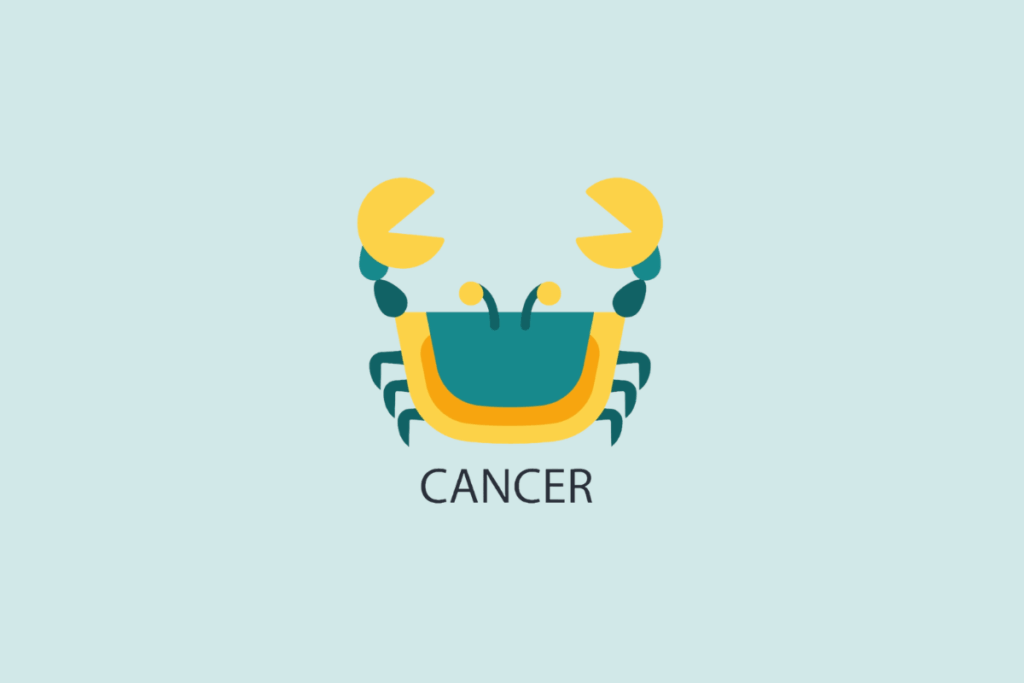 Ilustração vetorial em estilo plano de um caranguejo estilizado em tons de azul e amarelo, sobre um fundo azul-claro com a palavra "CANCER" escrita abaixo.