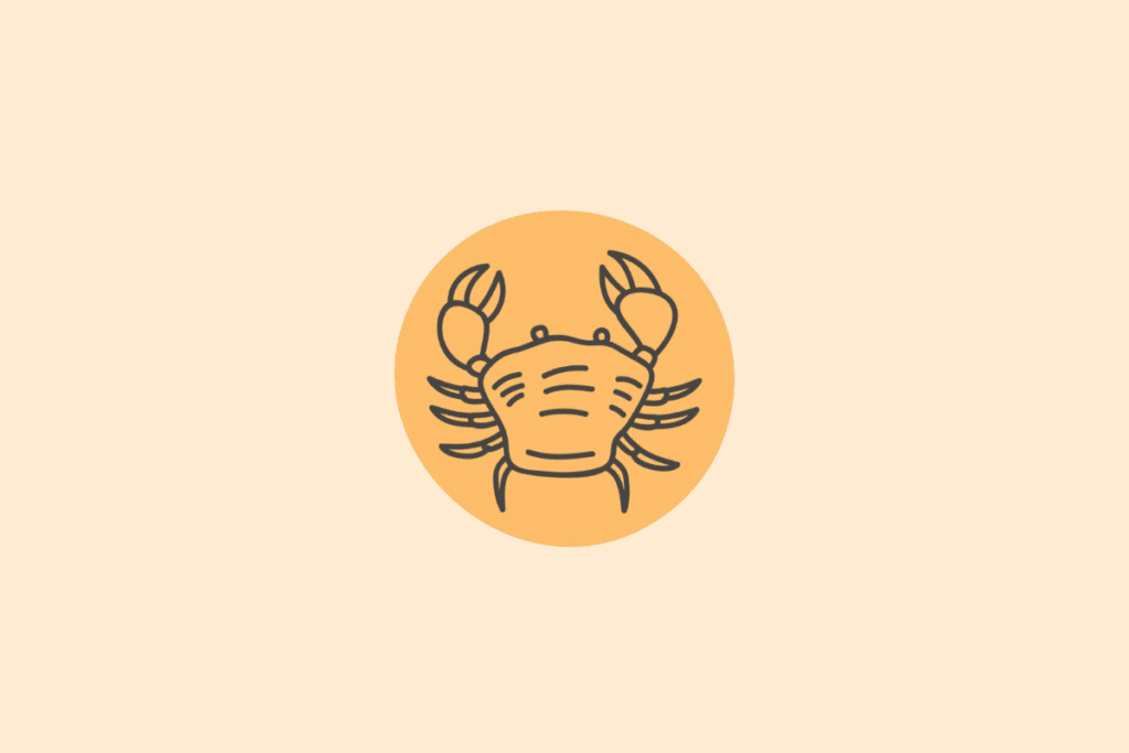 Ilustração minimalista em traços pretos sobre um círculo amarelo-alaranjado, mostrando um caranguejo visto de cima, representando o signo de Câncer.