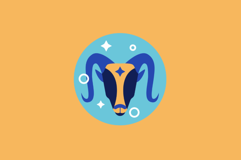 Ilustração vetorial em círculo azul representando o signo de Capricórnio. Mostra a cabeça de uma cabra estilizada de frente, com chifres longos e curvados em tom azul-escuro. A imagem está centrada em um fundo laranja