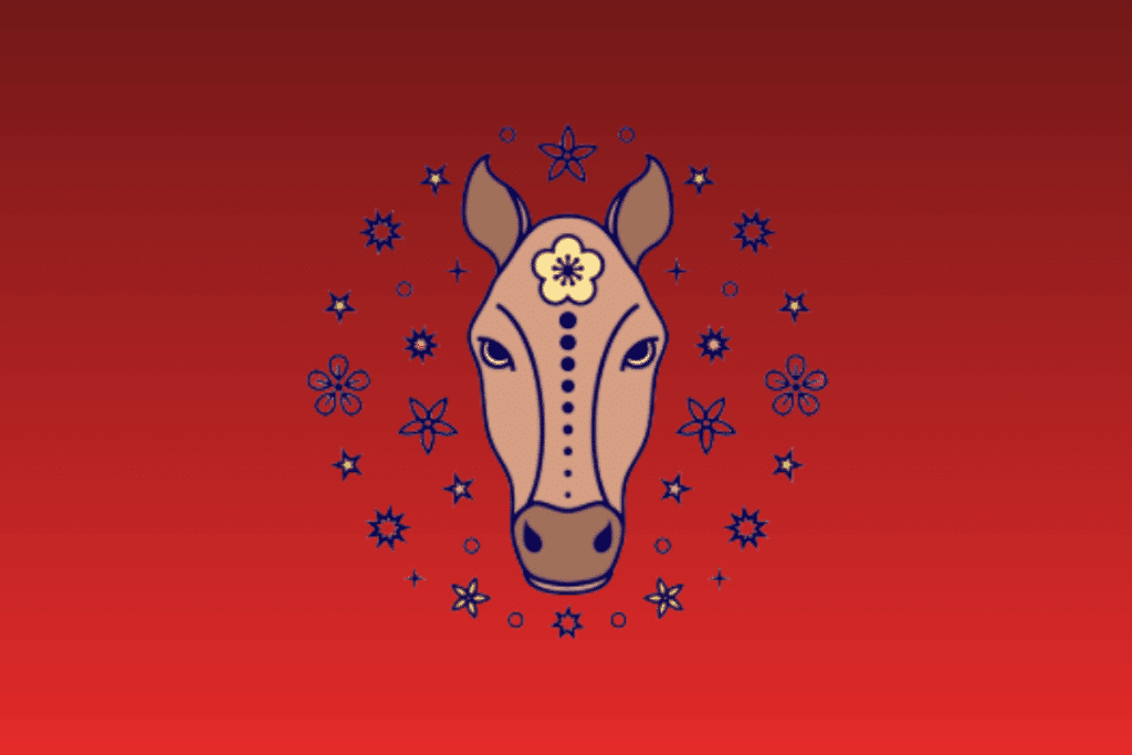 Ilustração estilizada do rosto de um cavalo bege com uma flor na testa e detalhes de pontos, cercado por flores e estrelas sobre fundo vermelho gradiente.