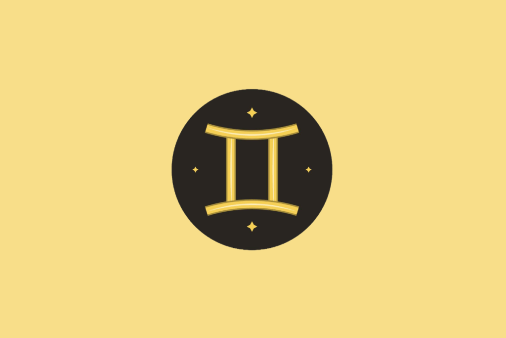 Símbolo do signo de Gêmeos em um círculo preto sobre fundo amarelo.