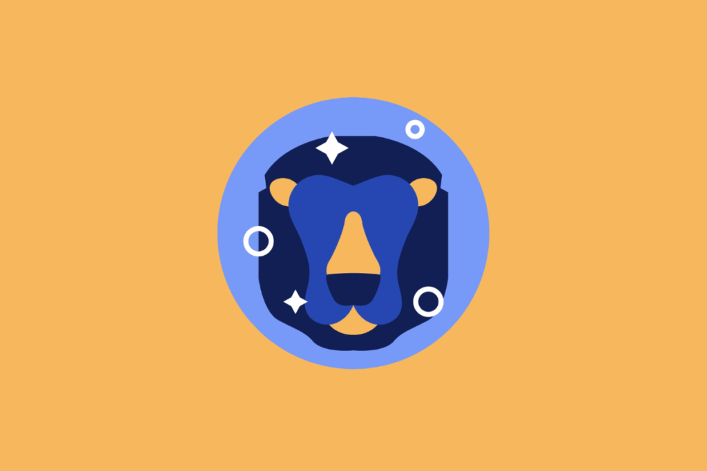 Ilustração vetorial em círculo azul representando o signo de Leão. Mostra a cabeça estilizada de um leão de frente, com uma juba arredondada em tom azul-escuro. A imagem está centrada em um fundo laranja