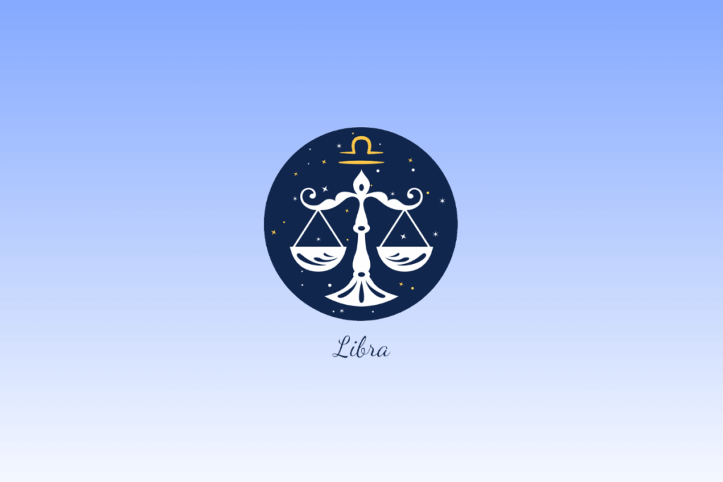 Ilustração do signo de Libra com uma balança branca simétrica dentro de um círculo azul-escuro estrelado, acompanhado pelo símbolo em amarelo e o nome "Libra" escrito abaixo.