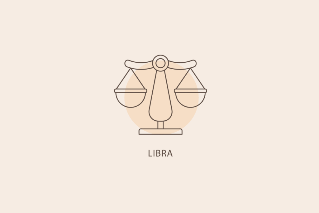 Ilustração em linhas finas de uma balança de dois pratos, com um círculo bege ao fundo e a palavra "LIBRA" abaixo.