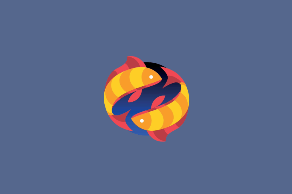 Ilustração do signo de Peixes, mostrando dois peixes amarelos com detalhes vermelhos nadando em círculos em direções opostas, sobre um fundo circular azul.