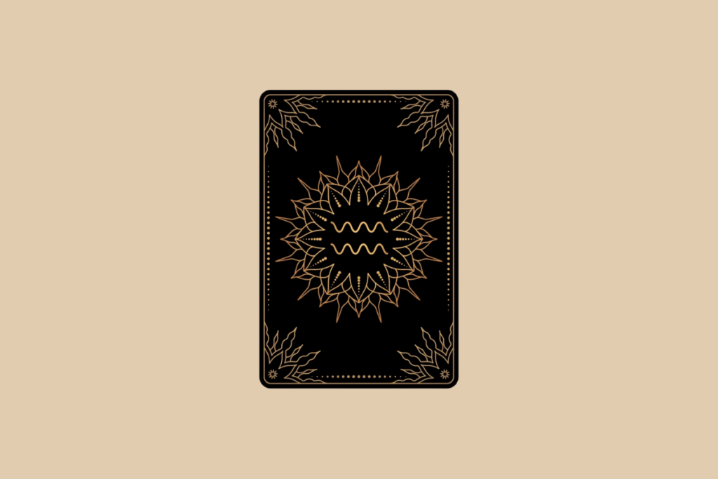 Ilustração de uma carta de tarô preta em fundo bege, com detalhes dourados em mandala e o símbolo do signo de Aquário no centro.