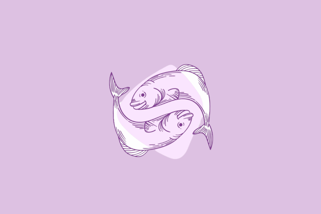 Uma ilustração em linha roxa de dois peixes nadando em direções opostas, formando o símbolo de Peixes.