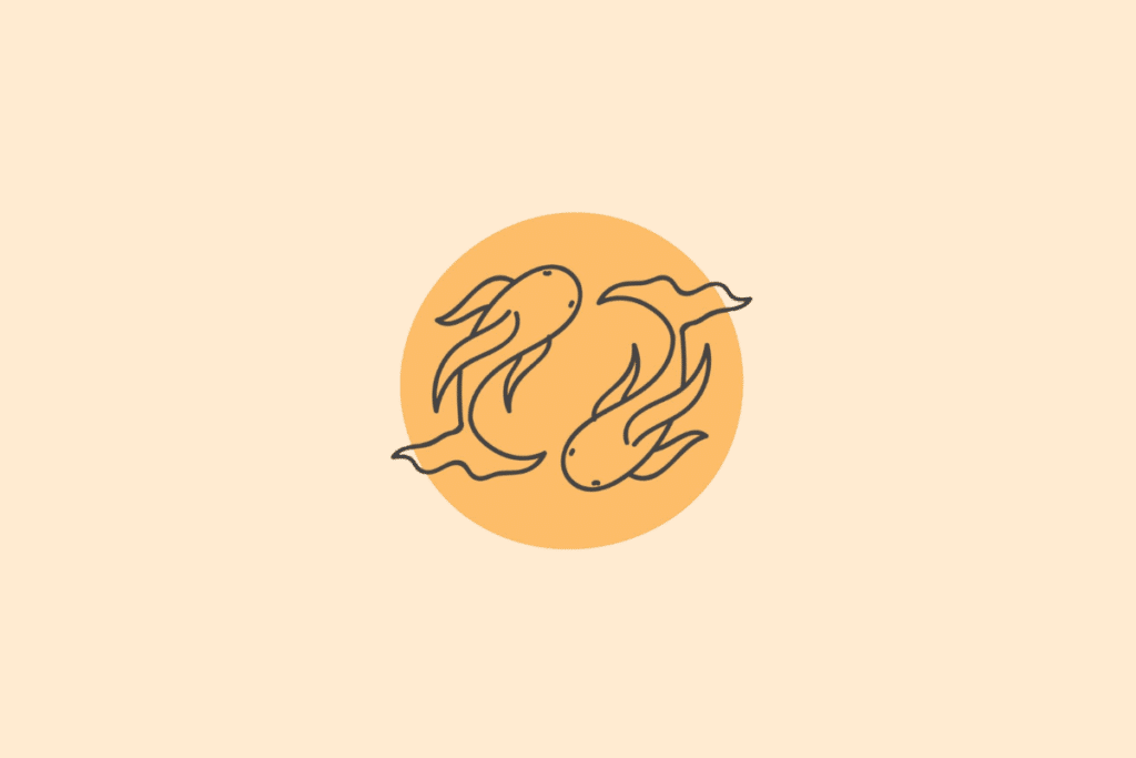 Ilustração minimalista em traços pretos sobre um círculo amarelo-alaranjado, mostrando dois peixes nadando em sentidos opostos, representando o signo de Peixes.