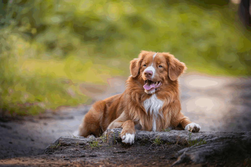 Cachorro da raça retriever da Nova Escócia, com pelagem branca e bege densa, deitado em uma pedra 