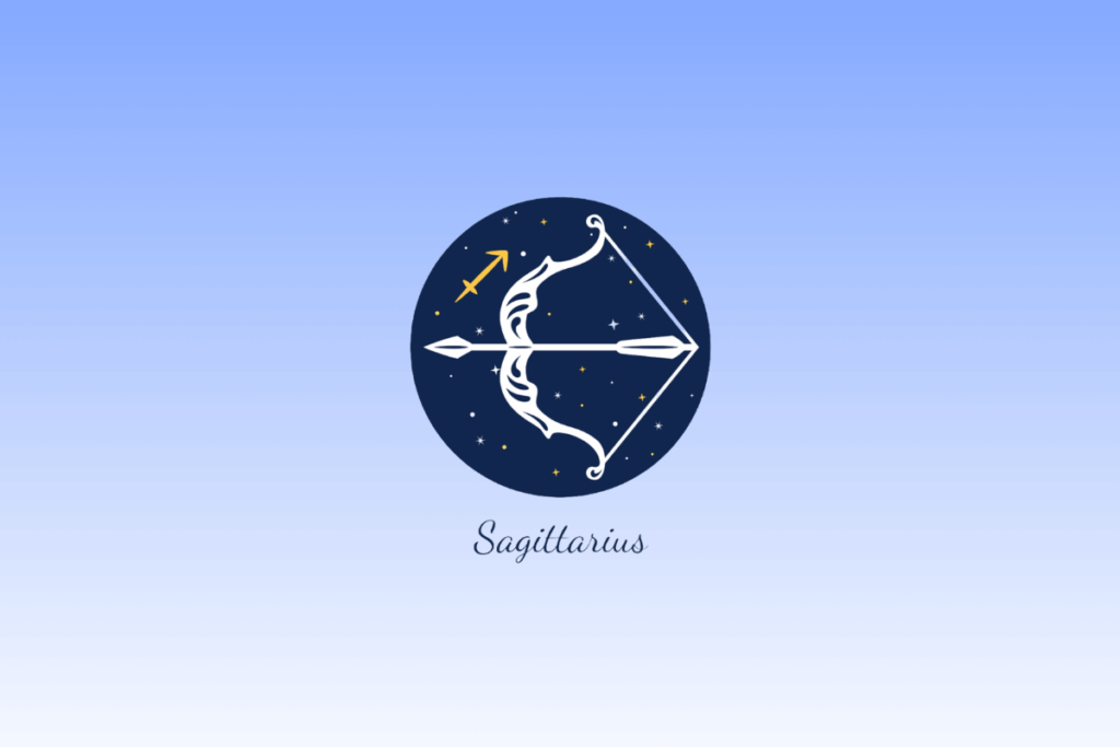 Ilustração do signo de Sagitário com um arco e flecha brancos apontando para a esquerda dentro de um círculo azul-escuro estrelado, acompanhado pelo símbolo em amarelo e o nome "Sagittarius" escrito abaixo.