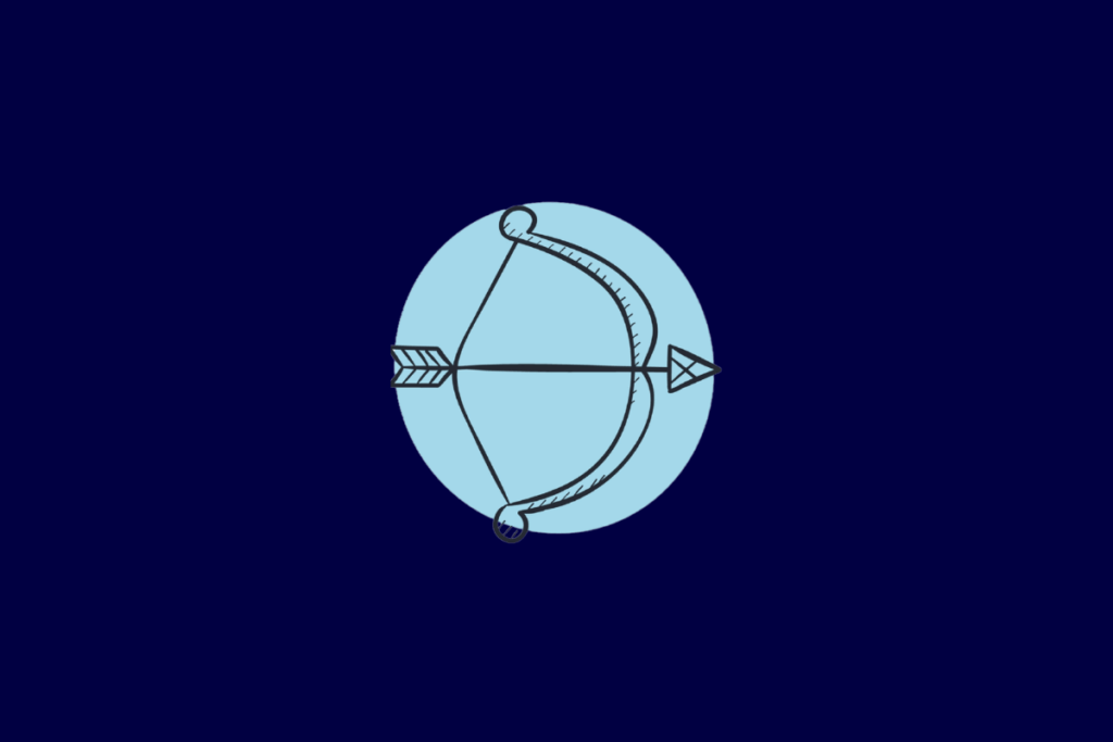 Ilustração no estilo linha preta de um arco armado com uma flecha apontada para a direita, centralizada em um círculo azul-claro sobre fundo azul-escuro.