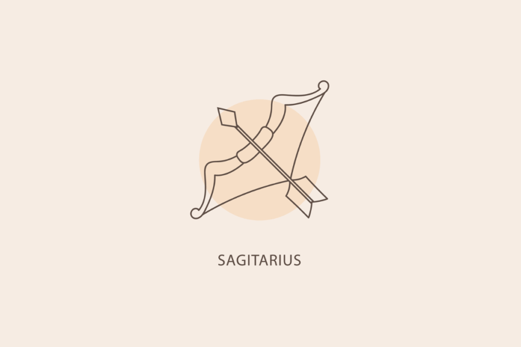 Ilustração em linhas finas de um arco com uma flecha apontada na diagonal, com um círculo bege ao fundo e a palavra "SAGITARIUS" abaixo.