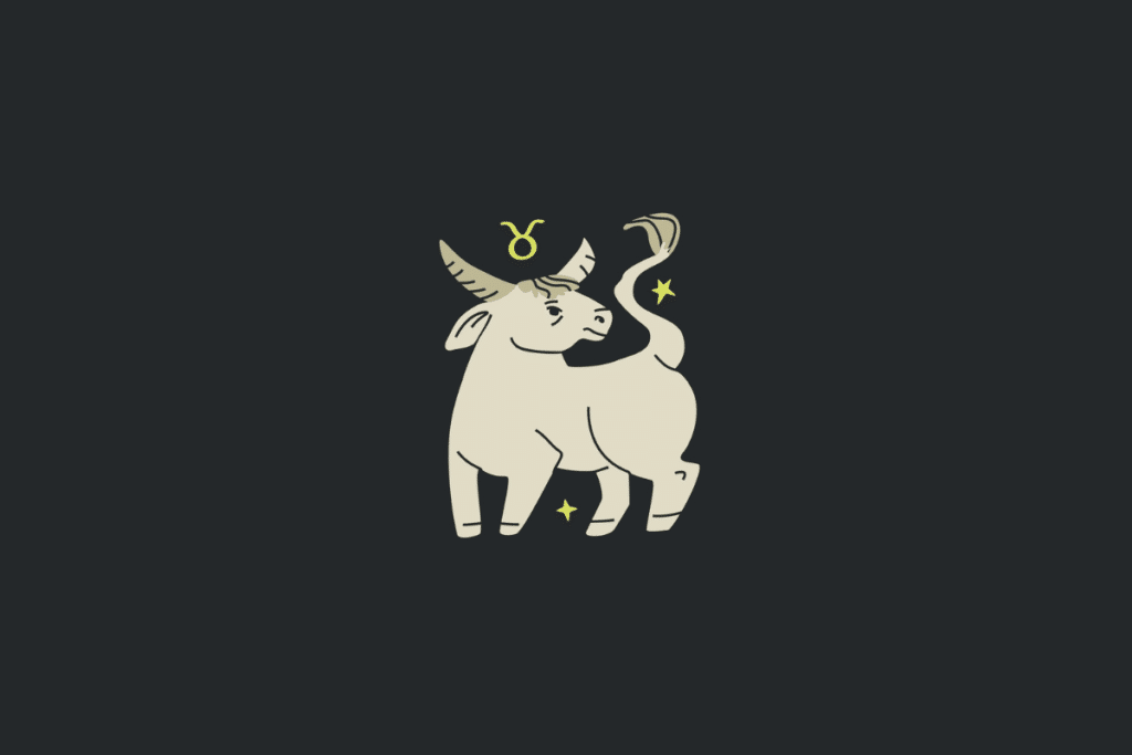Ilustração minimalista em tom bege sobre fundo cinza-escuro representando o signo de Touro, com um touro em pé olhando de lado, o símbolo com chifres em amarelo e pequenas estrelas.