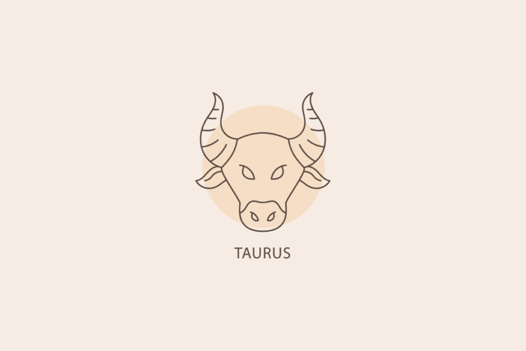 Ilustração em linhas finas da cabeça de um touro com chifres pontiagudos curvados, com um círculo bege ao fundo e a palavra "TAURUS" abaixo.
