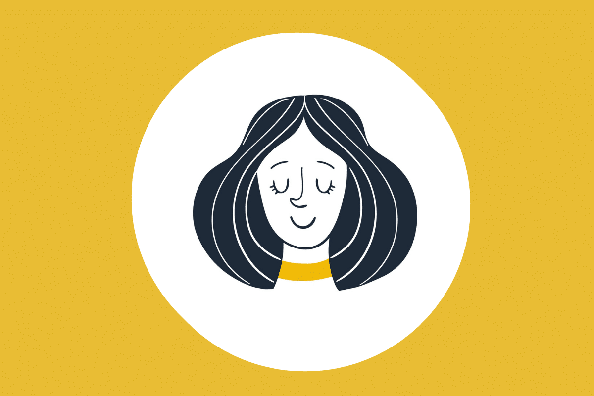 Ilustração minimalista do rosto de uma mulher com olhos fechados e cabelo preto volumoso, usando um colar amarelo, dentro de um círculo branco sobre um fundo dourado.