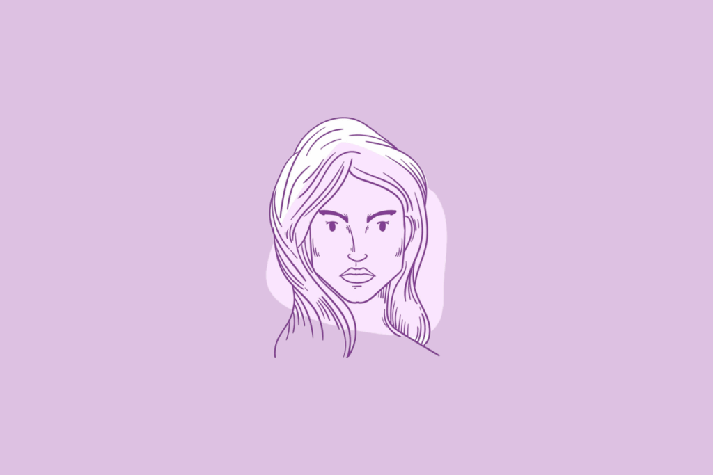 Ilustração roxa da cabeça de uma mulher com longos cabelos ondulados e olhos fixos para a frente.