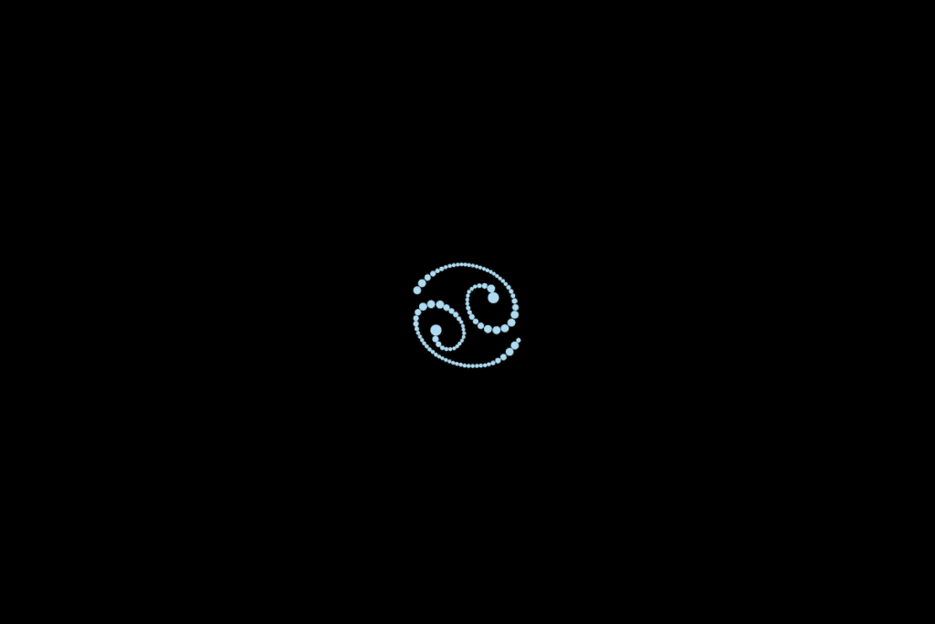 Ilustração do signo de câncer formado por bolinhas na cor azul, centralizado em fundo preto