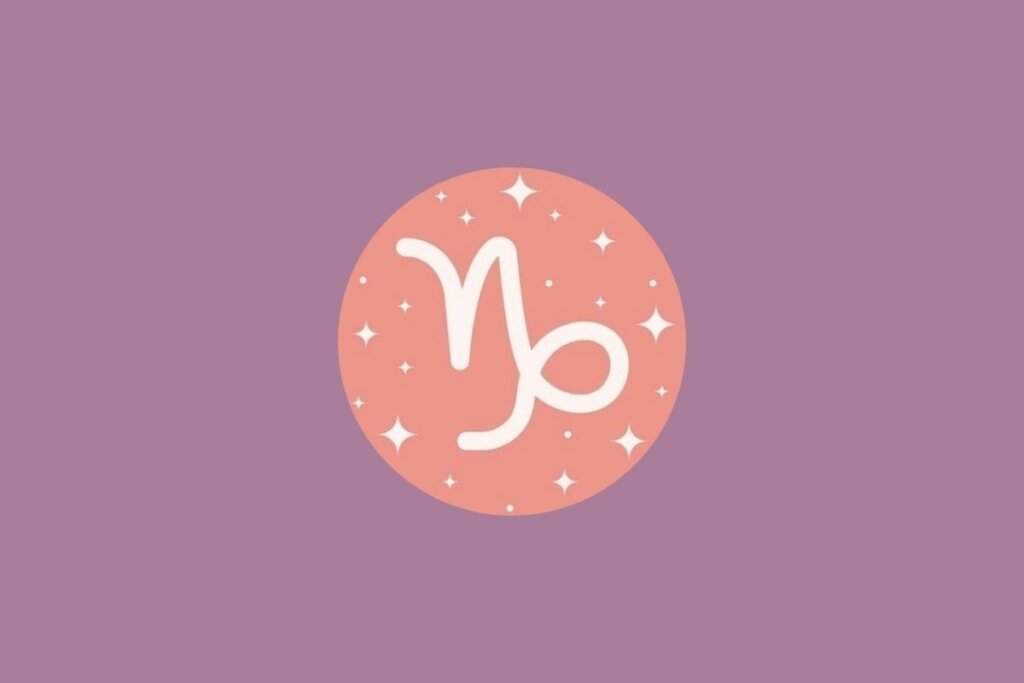 Ilustração de círculo rosa com estrelas e símbolo do signo de capricórnio sobre fundo roxo